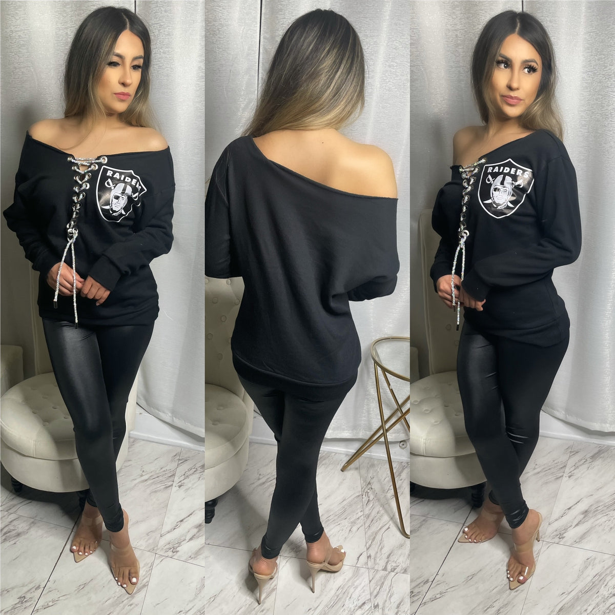 Raiders Sweatshirt off Shoulder Raw Edge / CHOOSE YOUR COLORS/ 