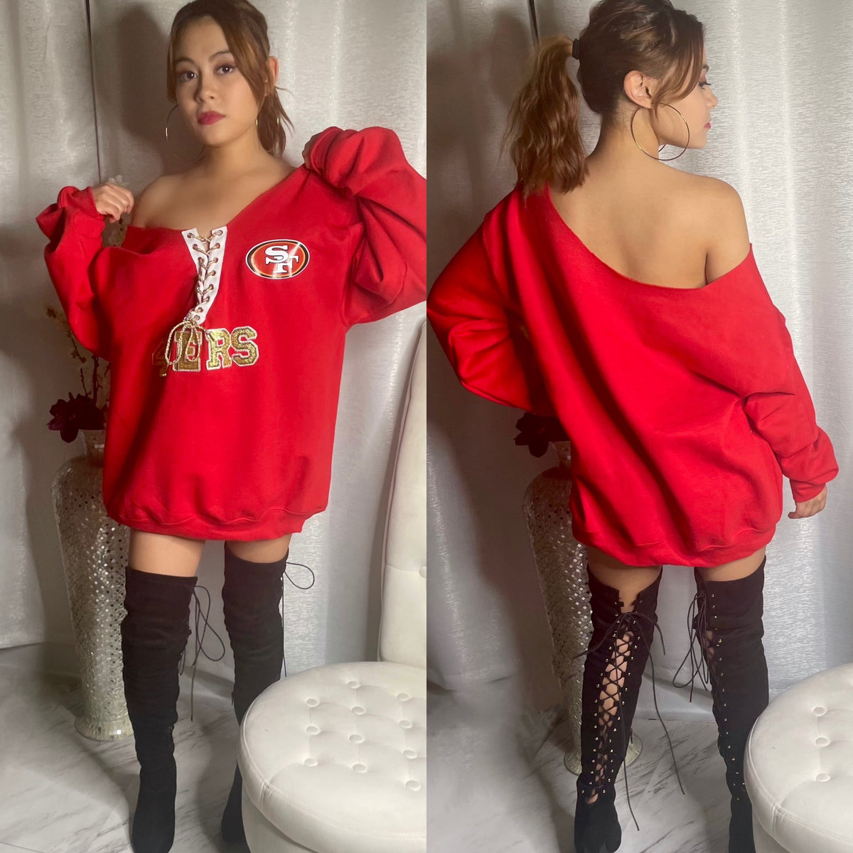 San Francisco 49ers Womens Off Shoulder Hoodie Dress Lace up